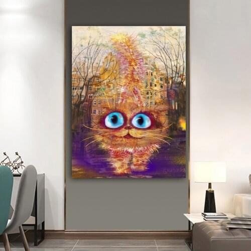 Wangart Abstract Cute Yellow Cat Canvas Art Colorful Oil Painting For Living Room Bedroom Home Decor Poster Print