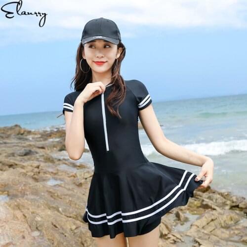 Women Swimming Skirt Sexy Padded Black Beach Wear Short Sleeves 2019 Newest Sport Swimwear Girl Swimsuit Solid Swimwear Maillot
