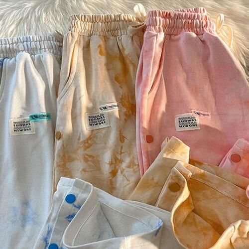 Womens Pants Summer Tie-dye Draped Casual Sports Pants Thin-Breasted And Split Loose Harajuku Lace-up Wide-leg Pants traf y2k