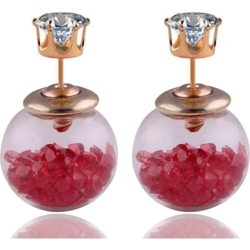 6 Colors Fashion Rhinestone Big Glass Ball Double Sides Bead Stud Earrings Gold Crown Crystal Earrings Women
