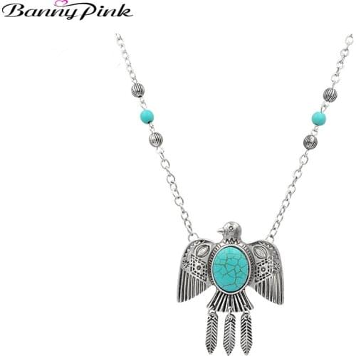 Banny Pink Indian Tribal Tibetan Stone Eagle Pendant Necklace For Women Vintage Peace Bird Dangle Necklace Beads Statement Colar