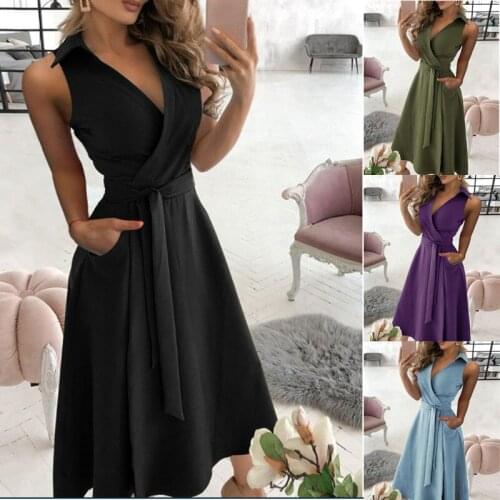 2021 Summer Fashion Casual A Line Pocket Belt Empire Womens Dress Sexy Deep V Neck Sleeveless Folds Ladies Maxi Dresses Basic