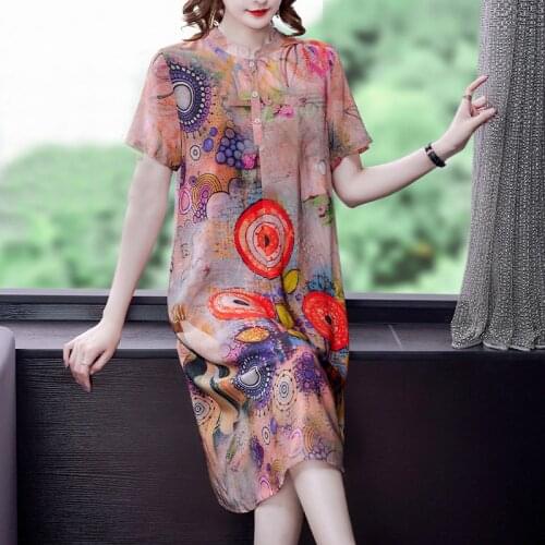 2021 Women Casual 4XL Plus Size Chiffon Dress Summer Vintage Floral Mulberry Silk Midi Sundress Elegant Bodycon Party Vestidos