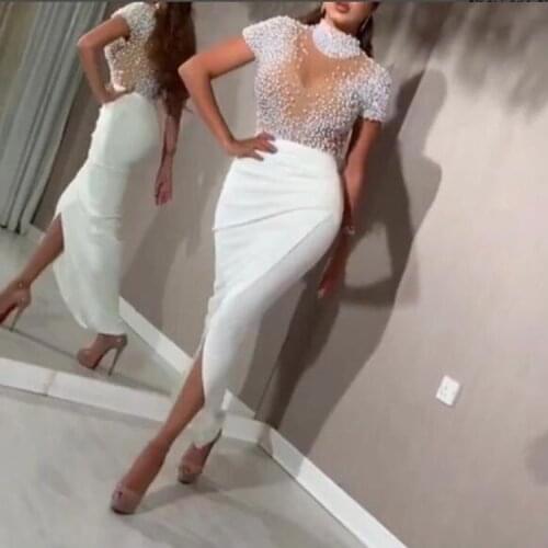 Dubai Beaded Prom Dress White High Neck Illusion See Through Cap Sleeves Formal Evening Dresses Gala Plus Size Party Gown