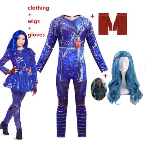 2019 Descendants 3 Evie Light blue Long Wavy Wig kids adult Cosplay Costume+3D Jumpsuits funny party halloween costume for kids