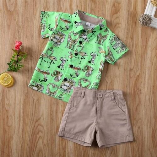 Free shipping cute Toddler Kids Baby Boys Clothes Animal print turn-down collar short sleeve Tops solid pocket Button Shorts 2pc