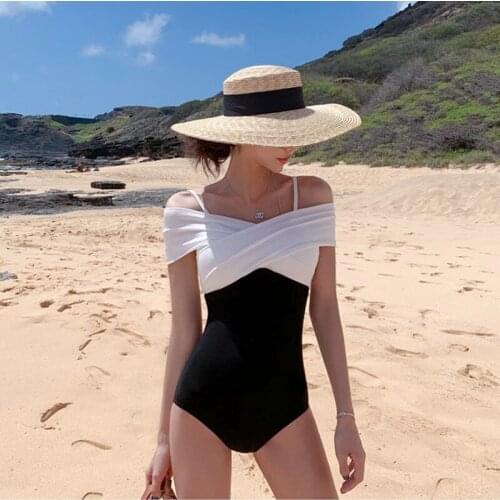 Bestie Women One Piece Swimsuit Word shoulder France Elegant Black And White Tube Top Swimwear Korean Young Ladies Party Bikinis