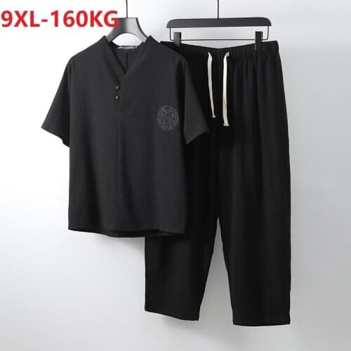 Men T-shirt short sleeve and pants linen cotton embroidery homewear Chinese style big size 8XL 9XL Breathable Tang suit tees 74