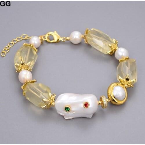 GuaiGuai Jewelry Natural Lemon Quartz Freshwater White Keshi Pearl Bracelet For Women