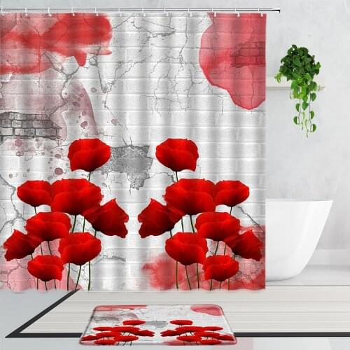 Retro Fake Wall Poppy Flower Shower Curtains Beautiful Plants Flowers Art Home Decor Bathroom Curtain Non-Slip Bath Mats Carpet