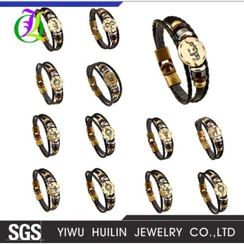 JTHY001 Yiwu Huilin Jewelry Factory direct Vintage leather bracelet Twelve constellations cowhide supply alloy braided bracelet