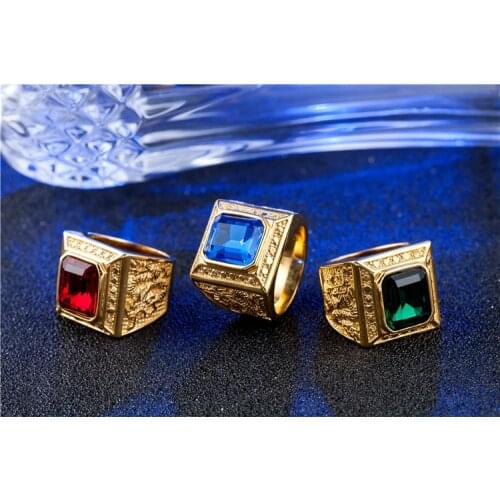 Classic Fashion Carved Dragon Crystal Ring Domineering Men Stainles Steel Inlay Squarees Zircon Ring Trend Men Nightclub Jewelry