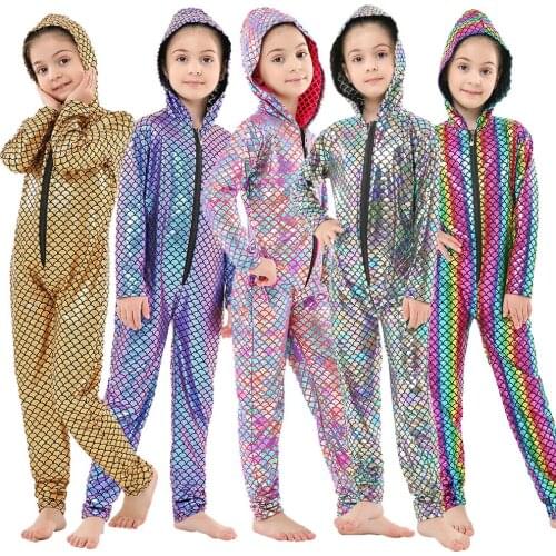 Faux Leather Metaillic Fish Skin Cosplay Costume Clothes Children One Piece Hooded Jumpsuit Girl Bodysuit for 4 6 8 10 12Years