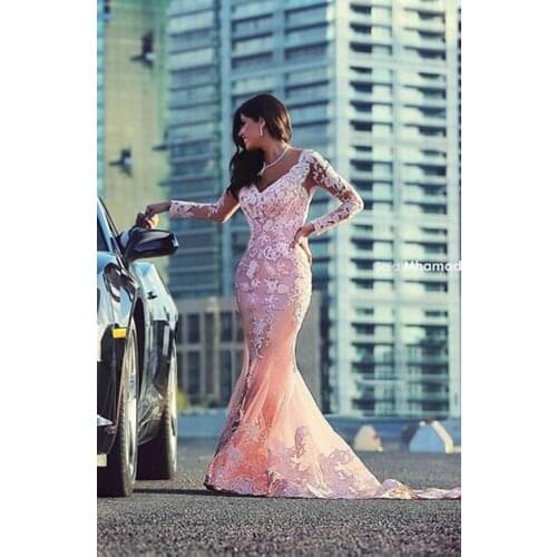 Muslim dubai Long Sleeve V Neck Appliques Lace Mermaid Fitted Pink Tulle Arabic Evening Prom Gown plus Bespoke Wedding Dresses