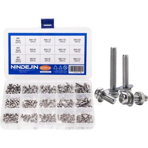 NINDEJIN 320pcs M2 M3 M4 Screws Phillips Pan Head Screws Bolt and Nut Flat Washers Machine Screws Set Stainless Steel Screws