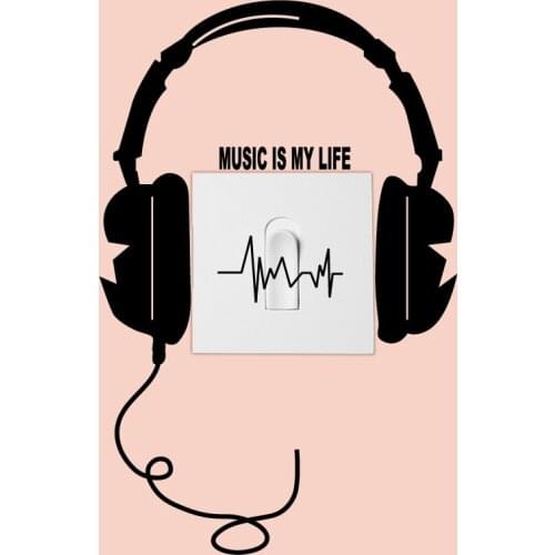 Music Headset Switch Stickers Music Is My Life Wall Sticker Black Headset Home Decors Creative Switch Decoration