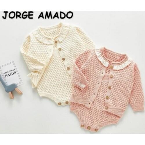 2021 New Autumn Baby Girls Sets Pink Apricot Sling Bodysuit + Round Ruffles Collar Open Stitch Sweater Children Outfits E103