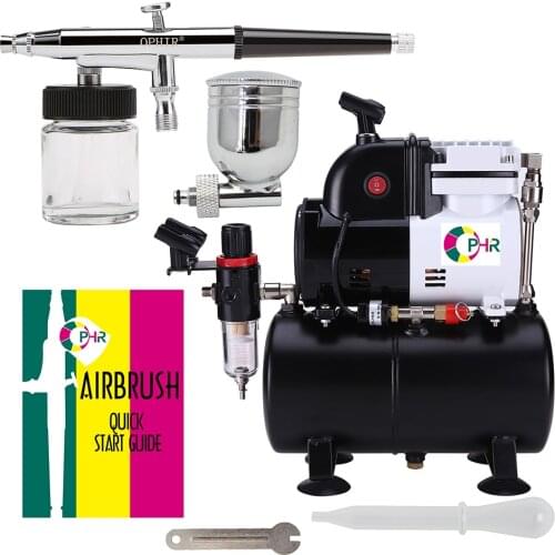 OPHIR Single Cylinder Piston Compressor with Air Tank & Extra Cooling Fan 0.3mm Airbrush Kit for Cake Decoration Tattoo Paint