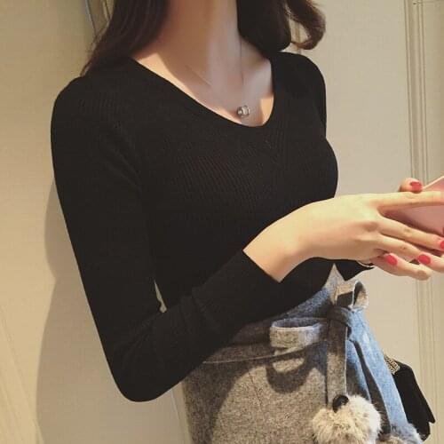 Spring/Autumn Solid Color Slim Long-Sleeved Bottoming Sweater Womens V-Neck Tight-Fitting Thin Sweater SA330