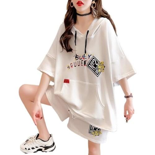Casual Print Shorts Two Piece Set Short Sleeve Hooded Pullovers Tops Oversize Shorts 2Piece Set Women Elegant Tracksuits Outfits
