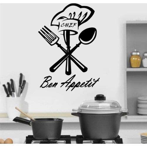 Chef Bon Appetit Kitchen Wall Sticker Vinyl Cafe Restaurant Interior Design Decoration Tableware Knife Fork Decals Murals 4006