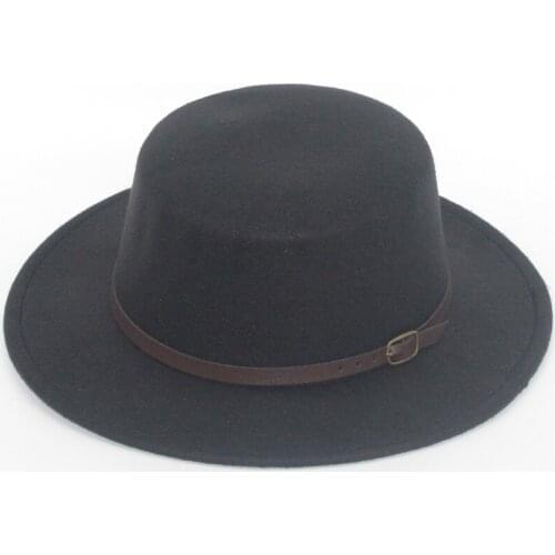 Retro Men Women flat top Wool Felt Fedora Hats with Belt buckle Decorated ladies trilby Boater Hat flat brim chapeau