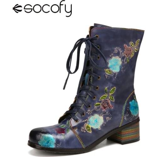 SOCOFY Womens Shoes Elegant Printed Leather Comfy Wide Fit Round Toe Short Boots Wear Lacing Design Winter Womens Shoes 2020