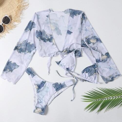 New Sexy Printed Women Split Bikini Ink Smudge Printing Mesh Three-piece Swimsuit Small And Fresh Halter Bather Bathing Suit