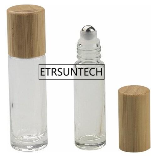 50pcs 10ml 15ml Clear Glass Bottle Roll On Empty Fragrance Perfume Essential Oil Bottles With Metal Ball Roller Bamboo Cap F2936