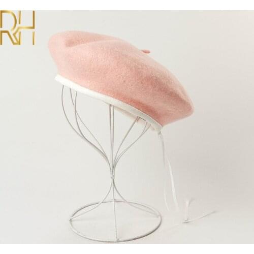 New Women Wool Berets Cap Fashion White PU Edges Wool Berets Winter Adjustable Warm Painter Hat RH