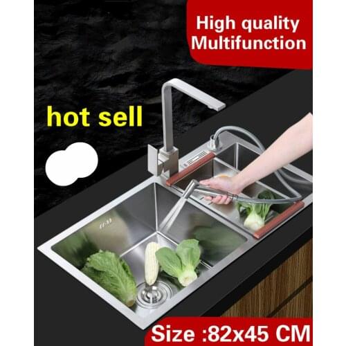 Free shipping luxury multifunction wash vegetables kitchen manual sink double groove 304 stainless steel 820x450 MM