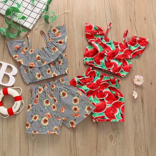 FOCUSNORM 1-6Y Summer Kids Girls Clothes Sets Watermelon/Sunflowers Print Ruffles Off Shoulder Tops Shorts 2pcs