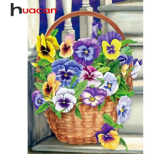 Huacan 5d Diamond Painting With Square Rhinestones Pansy Full Diamond Embroidery Cross Stitch Mosaic Flower Basket DIY Puzzle