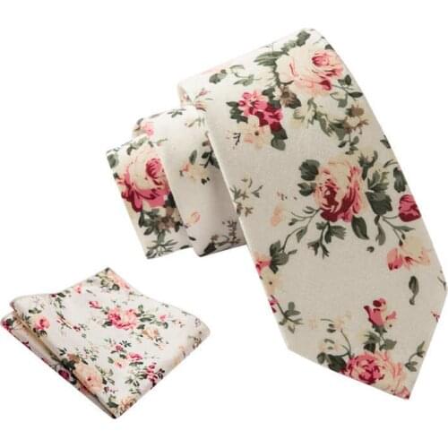 Ikepeibao 10Sets/lot White Pink Green Floral Printing Casual Mens Cotton Neck Tie Hanky