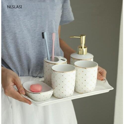 Nordic Ceramic Five-piece Set Wash Tools Soap Dispenser Gargle cup Toothbrush Holder Soap Dish Bathroom Accessory Set