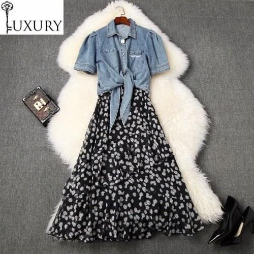 Sets High Quality Jacket 2020 Spring Summer Casual Suit Women Blue Jeans Coat+Elegant Flower Print Strap Dress Set Two Piece