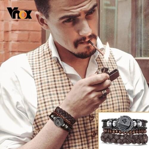 Vnox 4Pcs/Set Lucky Poker Charm Leather Bracelet Men Women Jewelry, Rudder Sunburst Tree of Life Bangle, Punk Tribal Accessory