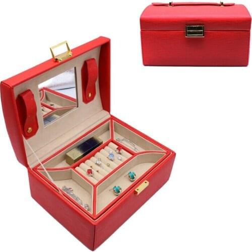 Red Double layers Jewelry Case Simple Ring Necklace Bracelet Organizer with Mirror
