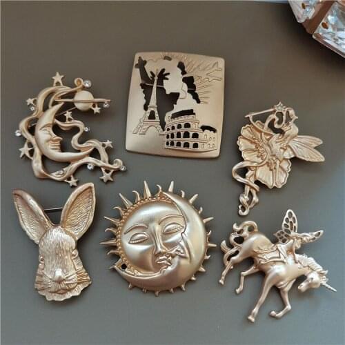 10 pcs/ lot fashion jewelry accessories matt gold metal rabbit unicorn moon sun brooch pin