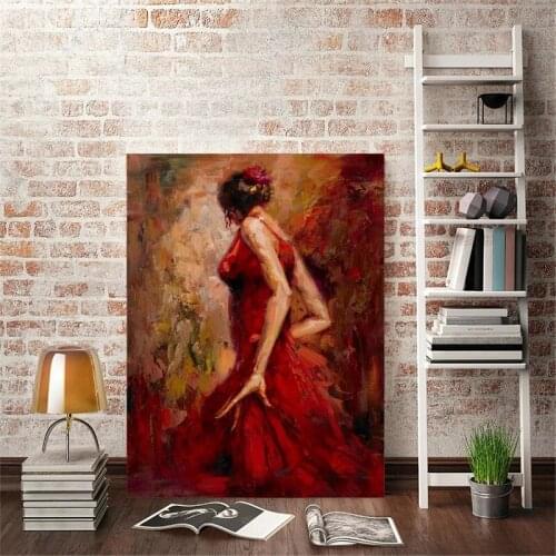 Modern Dancing Girl In Red Dress Canvas Painting Abstract Portrait Poster and Print Wall Art Abstract Picture Home Decor Cuadros
