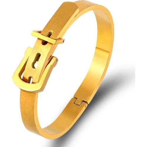 New 2021 Men Wrist Buckle Belt Bracelets Black Gold Color Titanium Steel Bangles Bracelets Boys Punk Street Jewelry Accessories