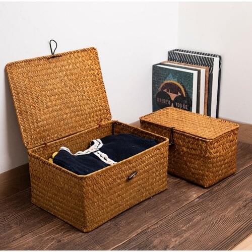 Handmade Storage Basket Woven Sundries Toys Organizer Cosmetic Book Container Seaweed Storage Box with Button Lid Desktop