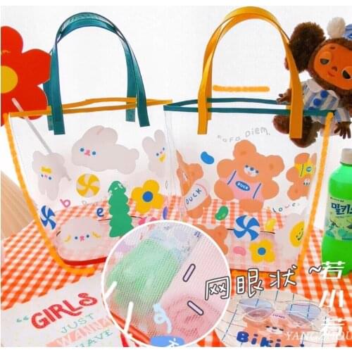 Transparent Beach Shoulder Bags Handbag Women Woven Patchwork Cute Bear Rabbit Large Tote Shoulder Shopping Bags