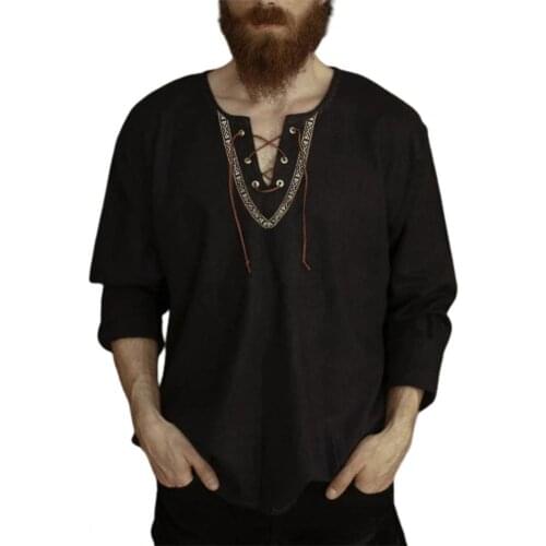 Dropshipping!! Solid Color Men Shirt Front Lace Up Top V Neck Long Sleeve Loose Top Streetwear