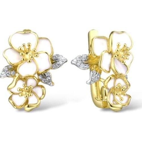 Luxury Gold Color Flower Petals Stud Earrings for Women White Enamel 925 Sterling Silver Ear Earing Wedding Jewelry Gift
