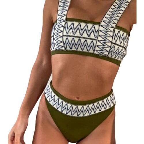 Push Up Sexy Bikini 2021 Wavy Ripple Bandeau Summer Women Bra Mid Rise Briefs Striped Swimsuit Retro Beachwear купальник женский