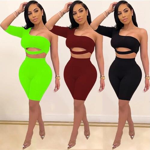 Sporty High Street Two Piece Set Neon Green One Shoulder Cute Strapless Crop Top+ Shorts Two Piece Set Night Club Tracksuit