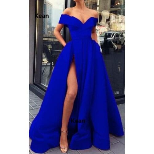 High Slit Evening Dress Off the Shoulder With Pocket vestido Islamic Dubai Kaftan Saudi Arabic Evening Gown Prom Dress Plus Size