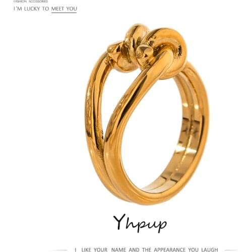 Yhpup Trendy Tie Round Hollow Ring 18 K Stainless Steel High Quality Jewelry Temperament Gold Metal Finger Ring Party Gala Gift