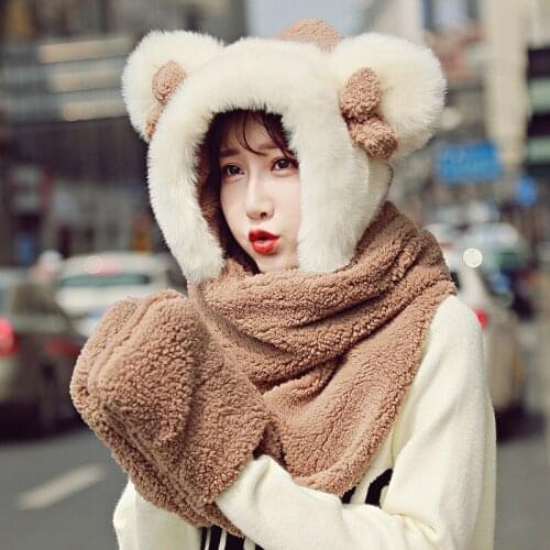 Women Winter Warm Plush Solid Color Bear Ear Design Scarf Hat Cap Earflap Set